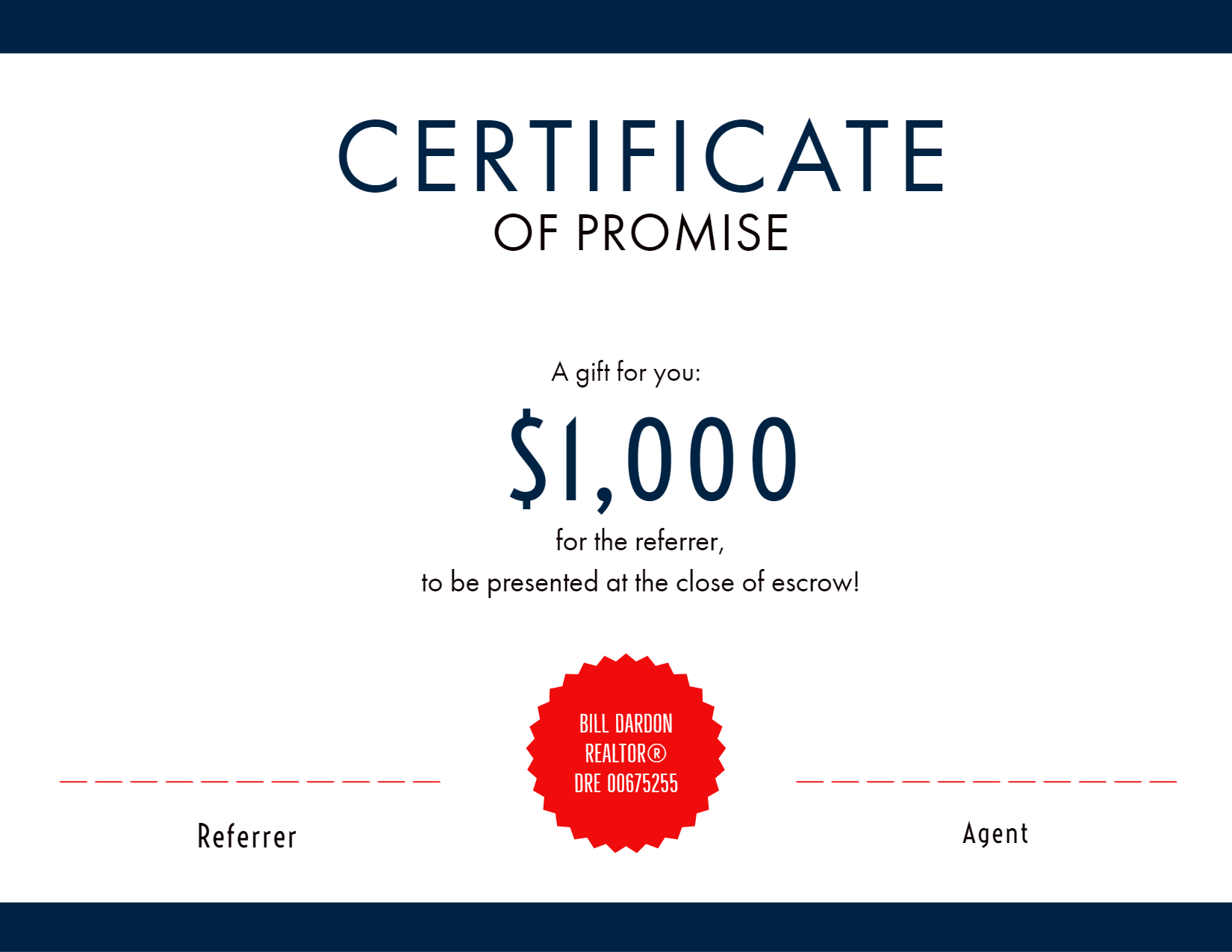 an example of the certificate of promise for referral gifts